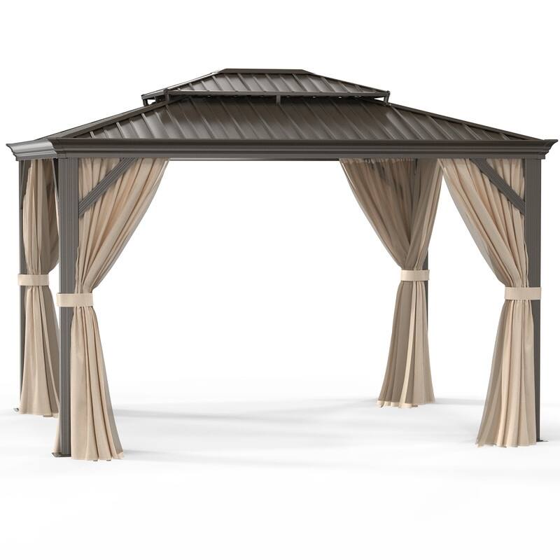Outdoor Hardtop Double-Top 12 Ft x 10 Ft Galvanized Steel Patio Gazebo with Curtains Nettings