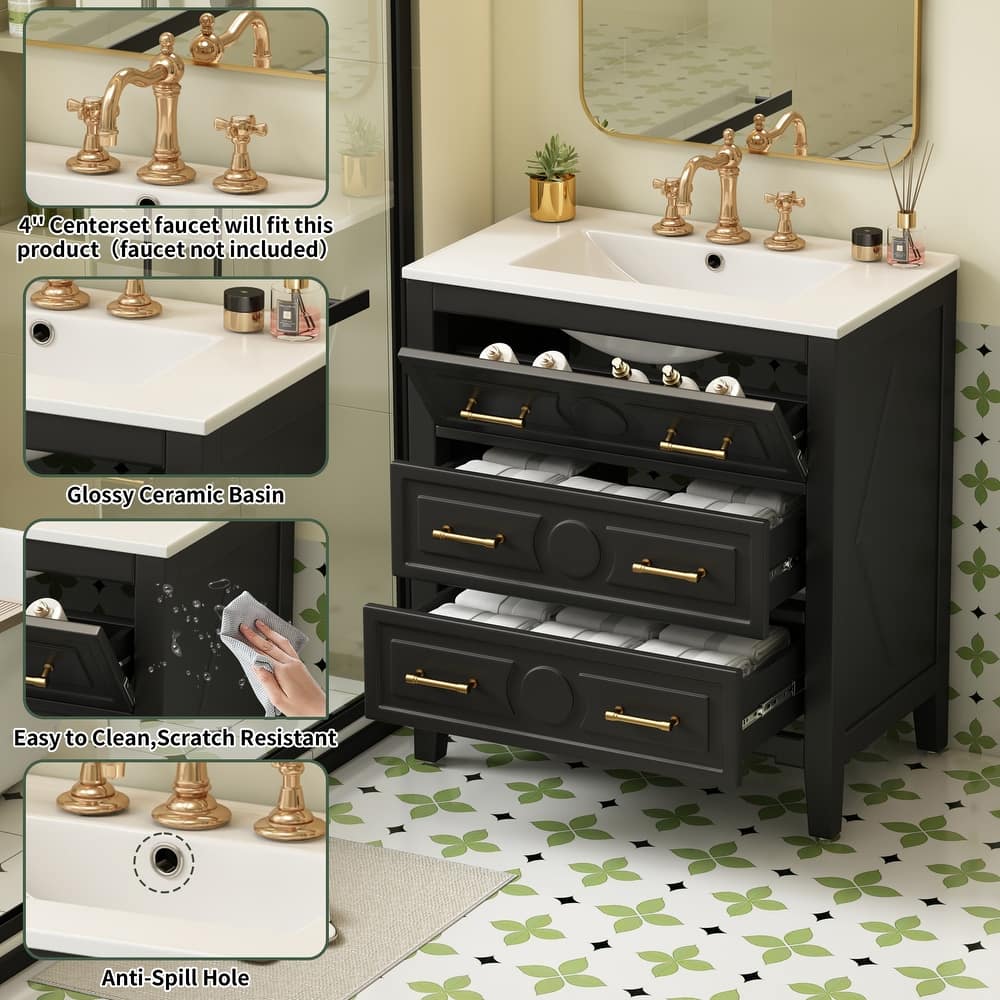 30" Bathroom Vanity with Ceramic Sink Combo, Freestanding Single Sink Bathroom Cabinet with 3 Drawers
