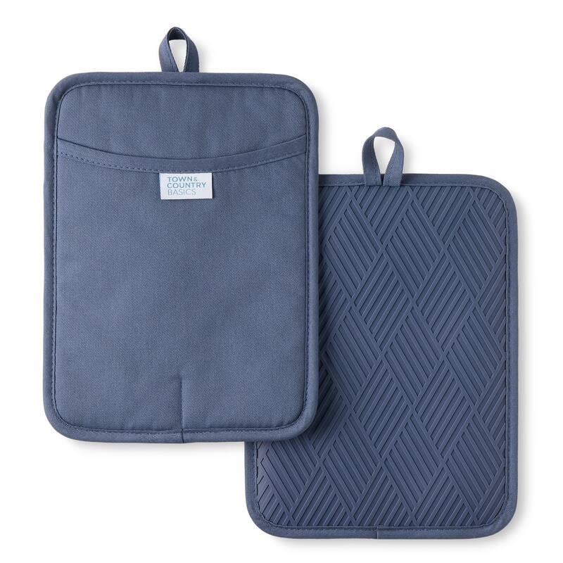 TOWN & COUNTRY BASICS Basketweave Soft Silicone Pot Holder 2-Pack Set, Heat Resistant, Flexible Silicone, Non-Slip Grip - Blue - 7.5X10