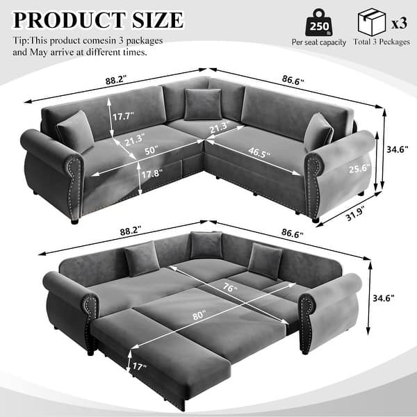dimension image slide 1 of 13, Homy Casa Chenille Sleeper Sectional Sofa with Pull-Out Bed