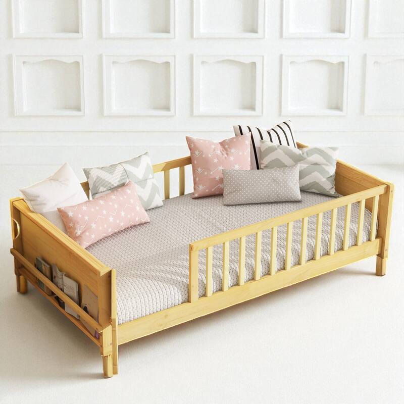 Twin Size Floor Platform Bed with Guardrails, Revolving Door and Built-in Book Rack - Natural - Twin