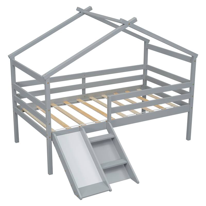 Low Loft Bed with House Roof Frame Guardrails Slide and Ladder Wood Twin Size Loft House-shaped Bed with Underbed Play Space