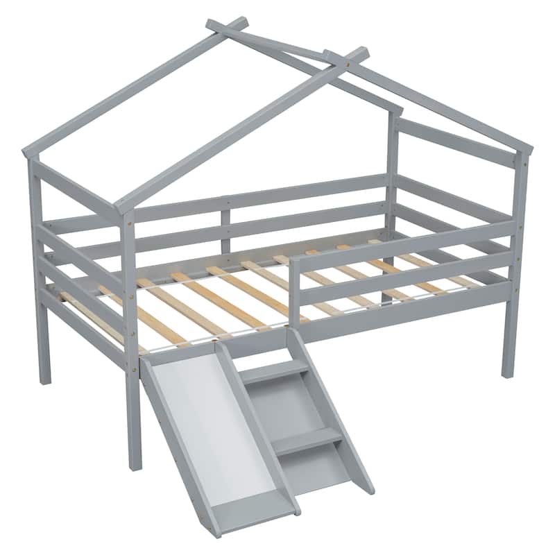 Roomfitters Twin Low Loft House Bed with Slide and Ladder, Safety Guardrails, House Roof Frame, No Box Spring Needed