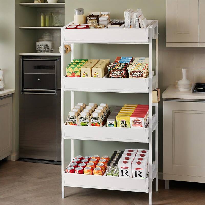 4 Tier Retail Display Rack Stand with Particleboard Shelves Metal Frame and Hooks for Store Kitchen or Office Organization