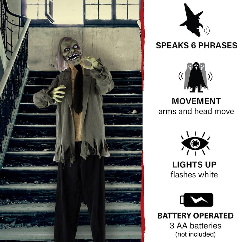 Haunted Hill Farm Life-Size Animatronic Zombie with Lights and Sound, Indoor or Covered Outdoor Halloween Decoration