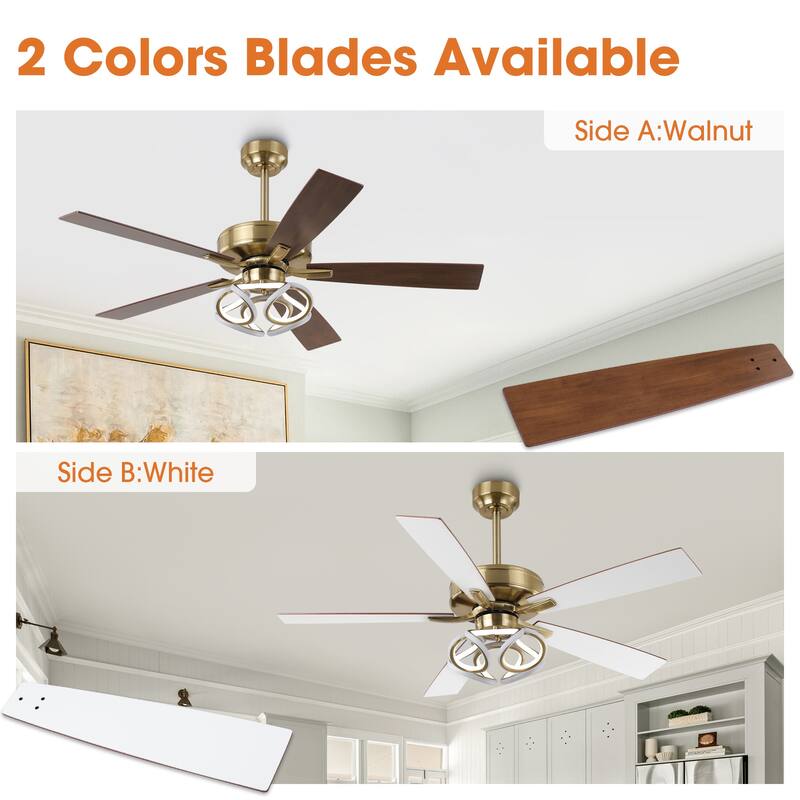 52" Modern Gold Smart Dimmable RGB Ceiling Fan with Light and Remote and App Control
