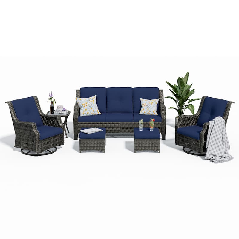 Cozywor 6-Piece Outdoor Patio Swivel Rocking Wicker Conversation Lounge Chairs with Side Table and Ottoman