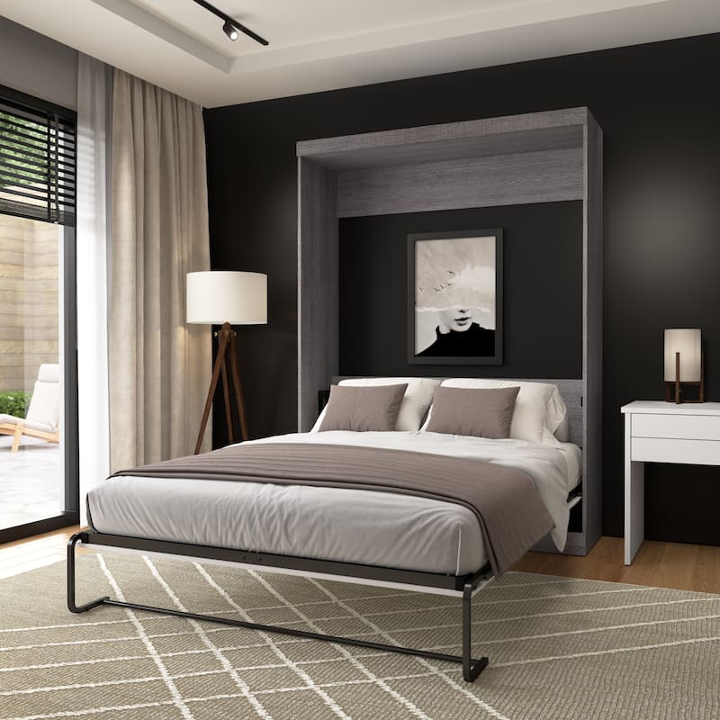 Nebula 65W Queen Murphy Bed, Space-Saving Wall Bed by Bestar - bark gray & white