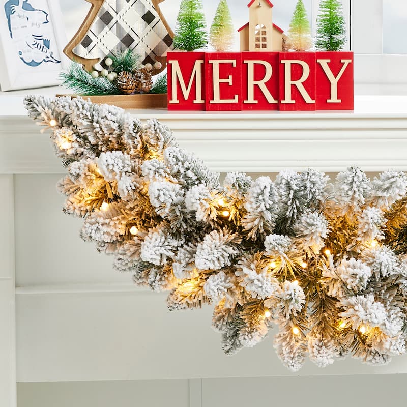 Glitzhome 3ft Pre-Lit Snow Flocked Flower Christmas Swag