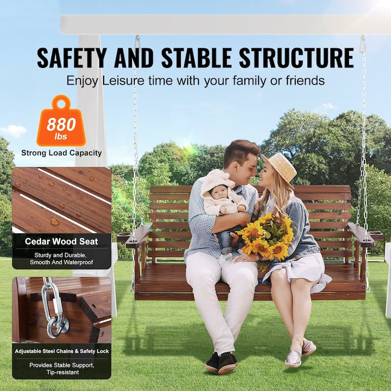 Carbonized Brown Cedar Swing with Steel Chains and Cup Holders - 67” L x 28” W x 23.6” H