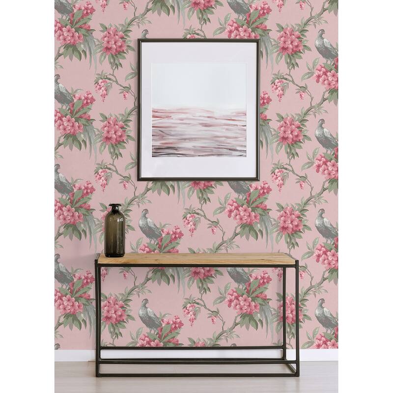 Brewster Golden Pheasant Pink Floral Wallpaper
