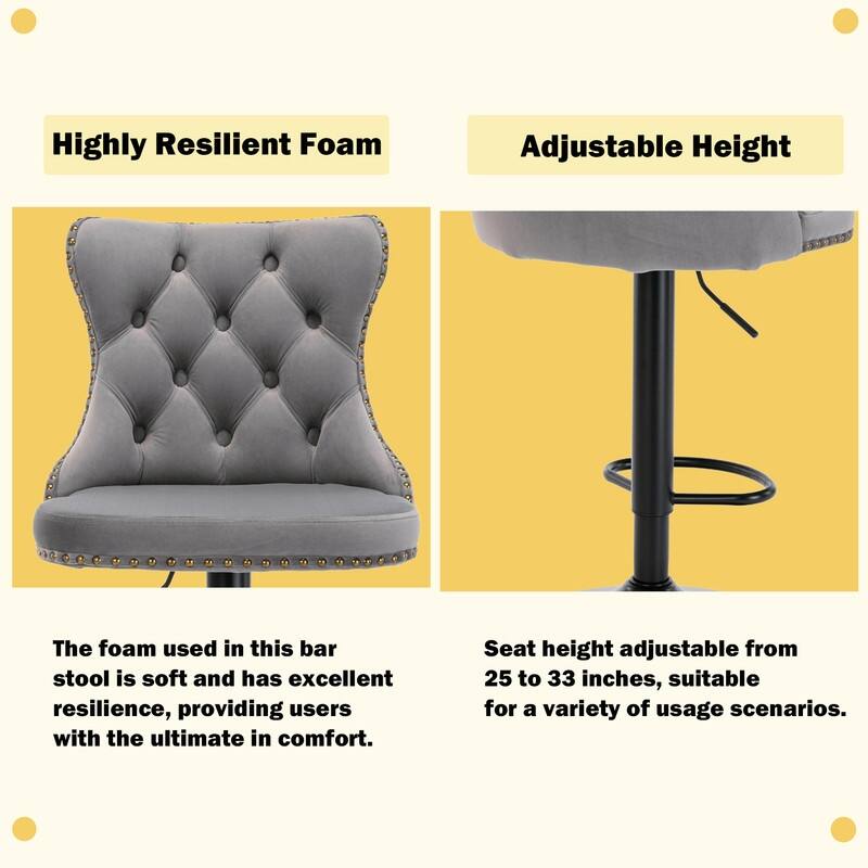 Velvet Upholstered Nailheads Tufted Swivel Bar Stools (Set of 2)