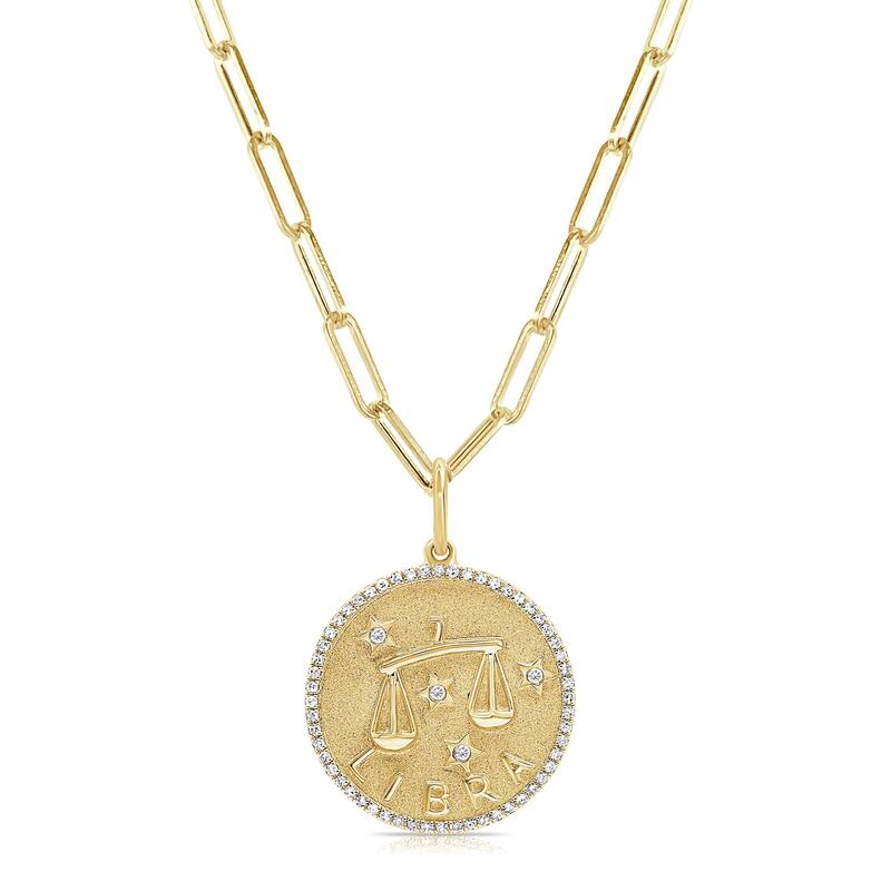 Zodiac Diamond Sign Necklace 14k Gold - Coin Pendant - Yellow Gold Diamond Necklace for Her - Women's Neckace