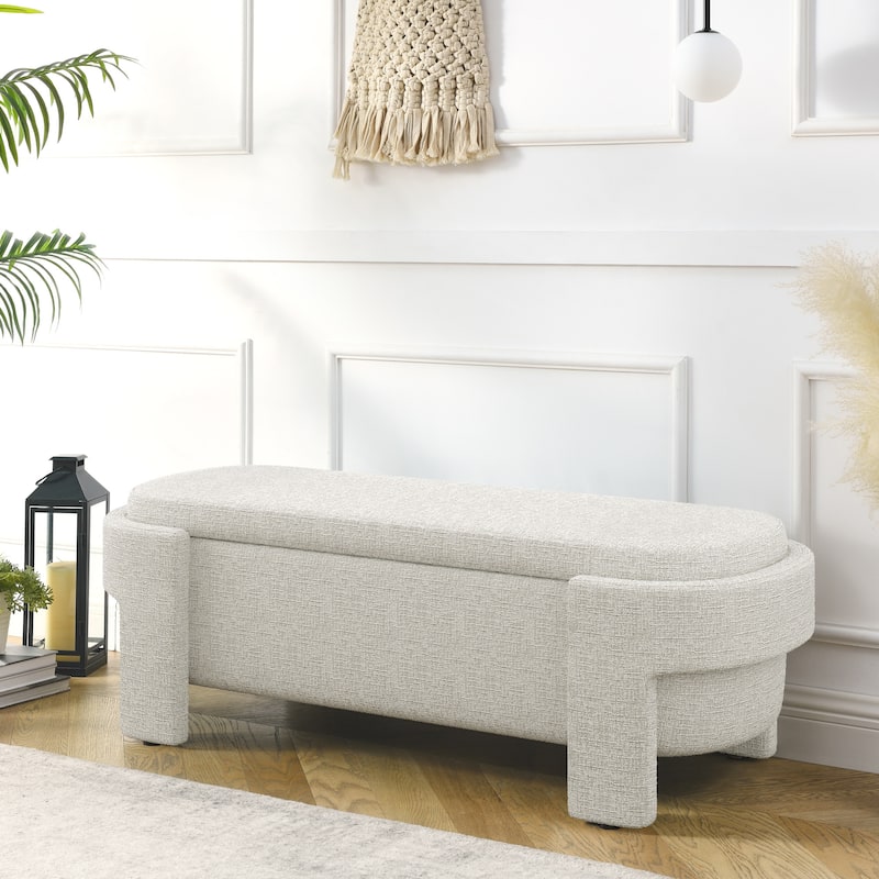 Linen Fabric Upholstered Bench with Large Storage Space for the Living Room, Entryway and Bedroom,Beige stripe