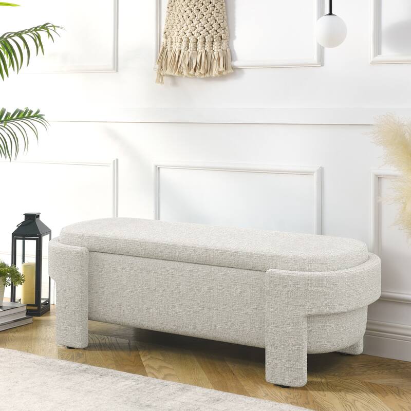 Linen Fabric Upholstered Bench with Large Storage Space - Beige