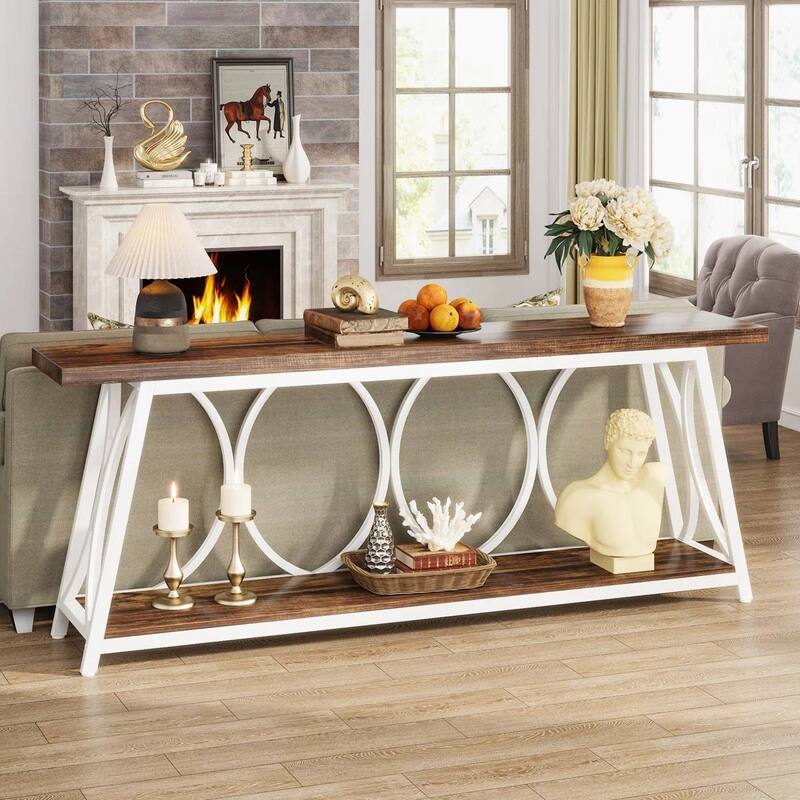 Wood Top Particleboard Steel Console Table with Shelf - 70.87” L x 31.50” H x 11.81” D - Brown-White
