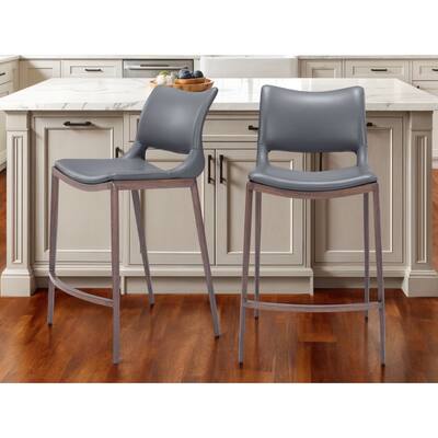 HomeRoots Set of Two 25" Dark Gray And Brown Faux Leather And Steel Low Back Counter Height Bar Chairs