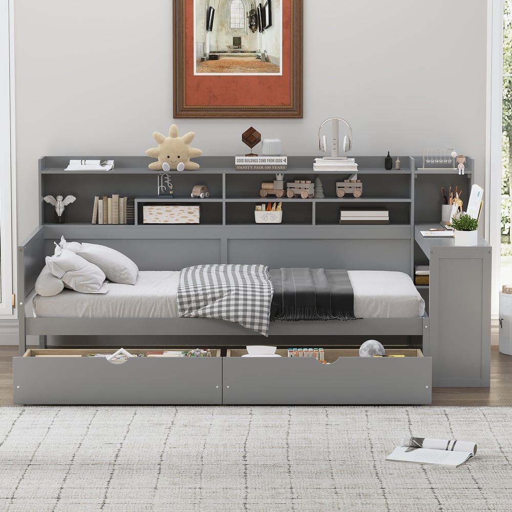 Wooden Twin/Full Size Daybed with 2 Storage Drawers and Built In Desk, Versatile Platform Sofa Bed Frame with Side Shelves
