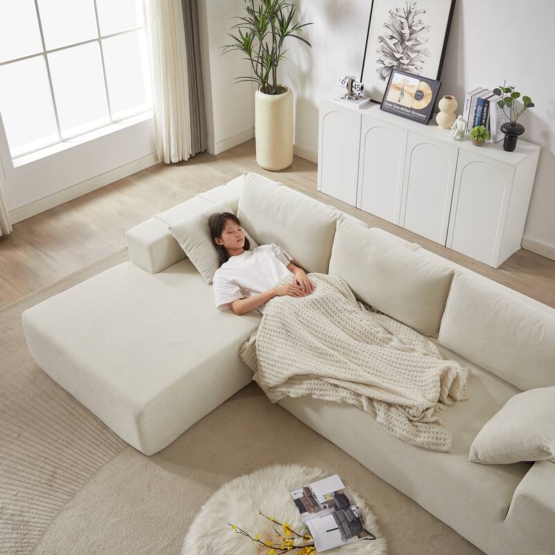 Corduroy Fabric 3-Seater Cloud Couch with 2 Movable Footrest,U Shaped Couch Set,Upholstered Deep Seat 2-Seat with 3 cushions