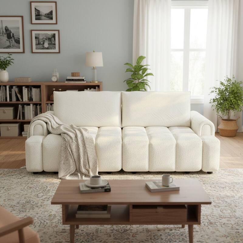 Homy Casa 90" 4-Seater Teddy Fabric Sofa with Hidden Seat Storage, 3-in-1 Convertible Sleeper Couch, Beige/Grey/Black - Beige