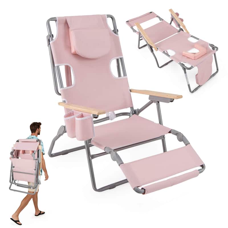 Costway 1/2 PCS 3-IN-1 Foldable Beach Chair with Face Hole, Footrest,