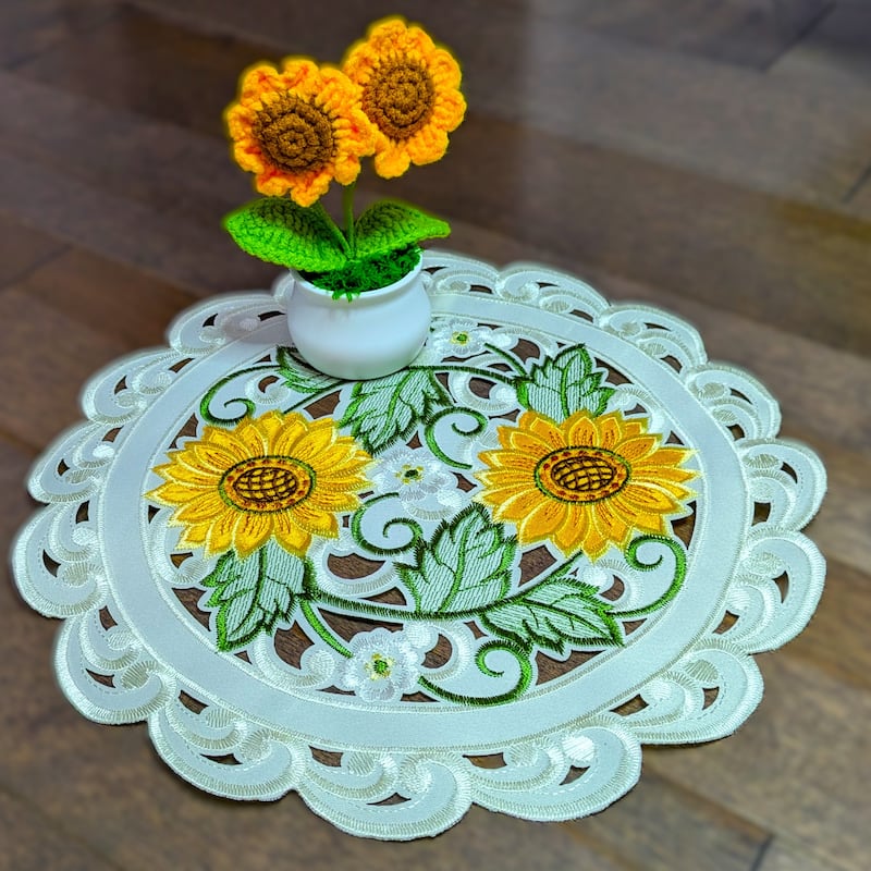 Sunflower Embroidered Cutwork Round Placemat, 12"