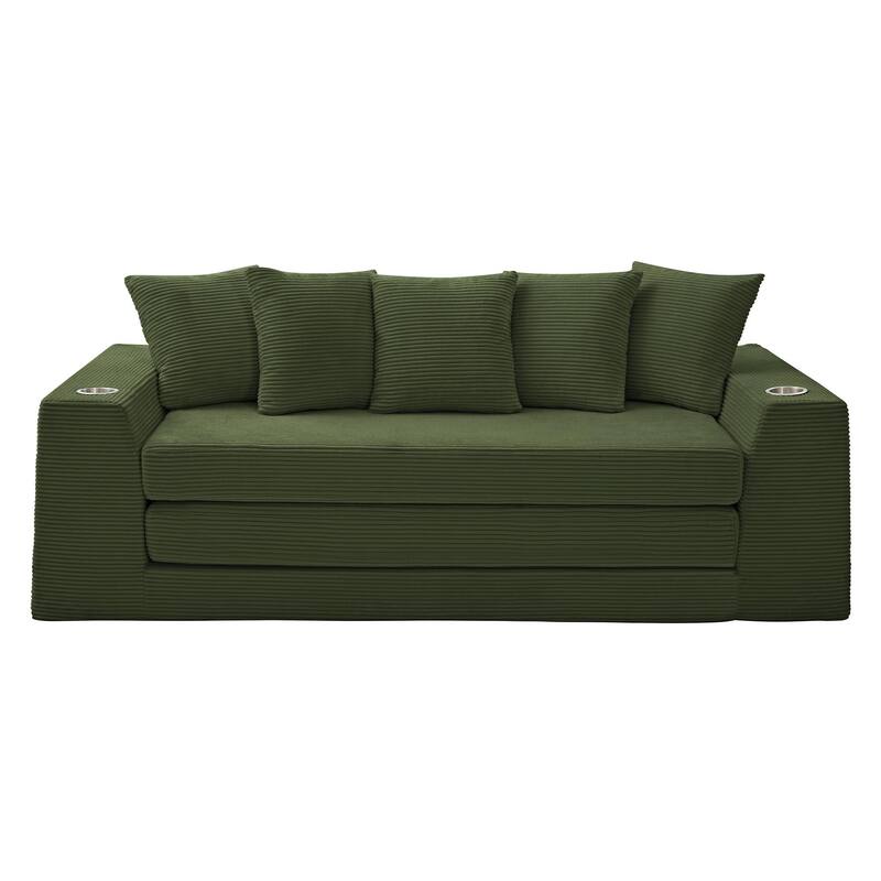 Modern Convertible Loveseat Sofa Bed, Corduroy Fabric Foldable Floor Couch w/5 Pillows, Side Pockets & Cup Holders, No Assembly