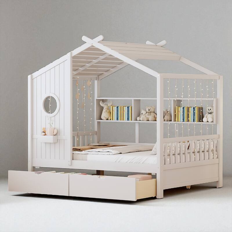 Twin/Full Size Wooden House Bed with Roof, Storage Shelf and 2 Drawers for Kids, Montessori Style