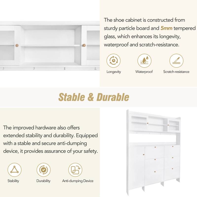 Multifunctional Shoe Cabinet with Storage Shelf & 6 Flip Drawers,Modern Hall Tree with Tempered Glass Doors