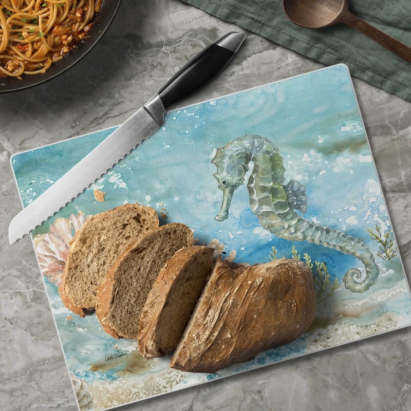 Under Sea Horse 3mm Heat Tolerant Tempered Glass Cutting Board 10” x 8” Manufactured in the USA Dishwasher Safe - Multi
