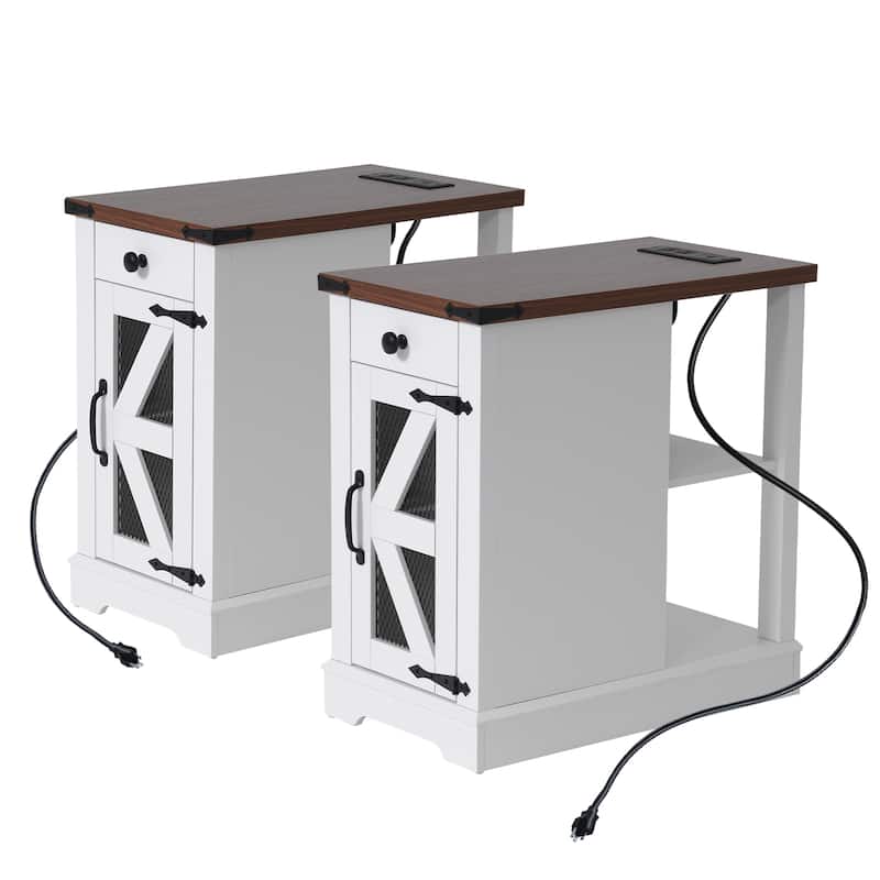 2 Pcs Side Table with Charging Station with Storage Shelf and Drawers