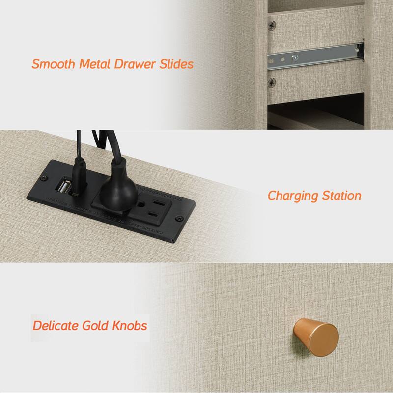 WAMPAT End Table with Charging Station and 2 Drawer for Living Room