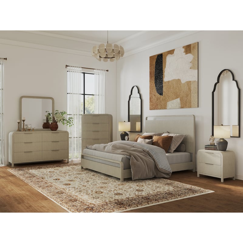 Roundhill Furniture Tavari 6-Piece Bedroom Set with Panel Bed, Dresser, Mirror, Two Nightstands, and Chest in Light Gray