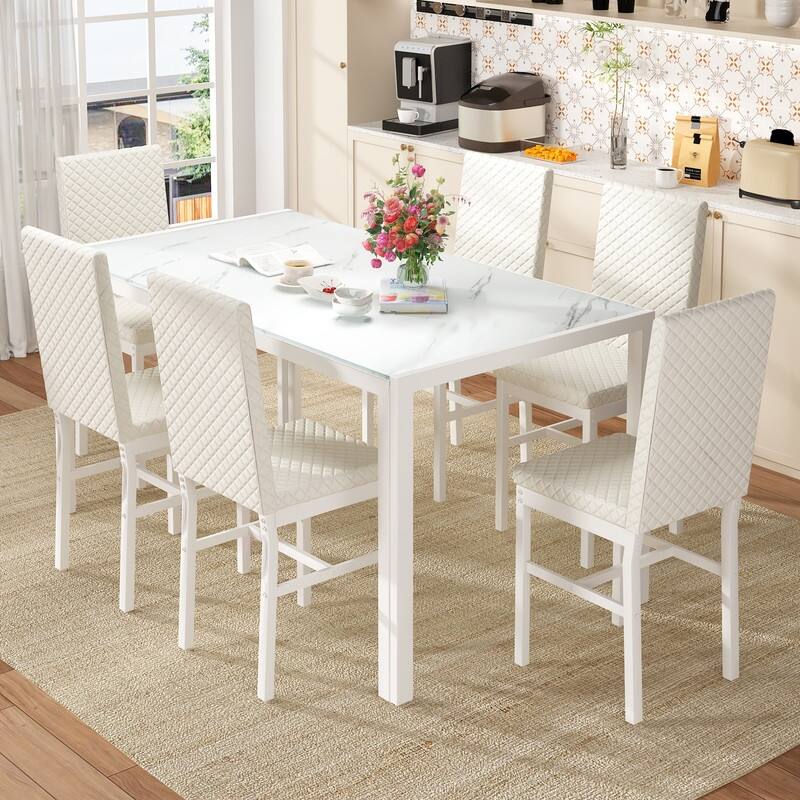 Grondin 7-Piece Dining Room Table Set, Modern Contemporary Style Dinning Table Set with Tempered Glass Top and Upholstery Chairs