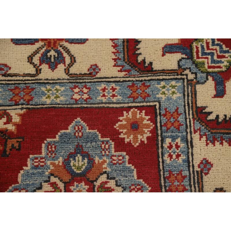Red Geometric Kazak Area Rug Handmade Wool Carpet - 5'2" x 6'8"