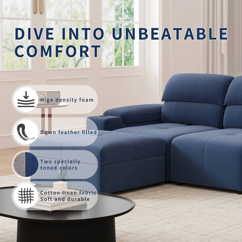 Down Filling Modular Deep Seat Couch L-shaped Sectional Sofa with Adjustable Backrest, Cup Holders, Storage Armrests and Ottoman