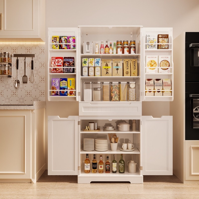 71" Freestanding Modern 4 Doors Kitchen Storage Pantry Cabinet with Shelves and Drawers Tall Kitchen Storage Cabinet Organizer