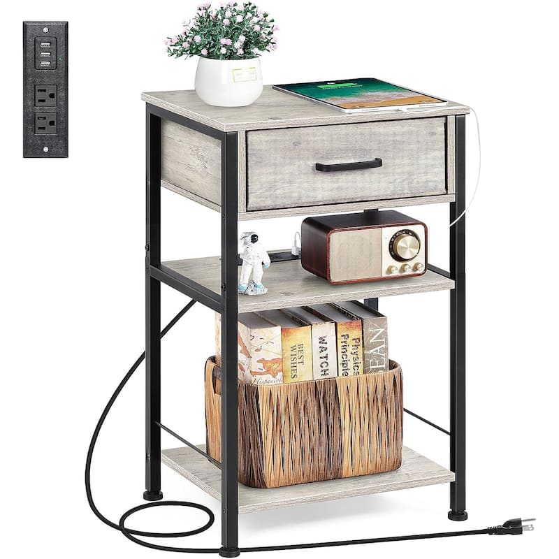 3 Tier Nightstand with Charge Station - Oak