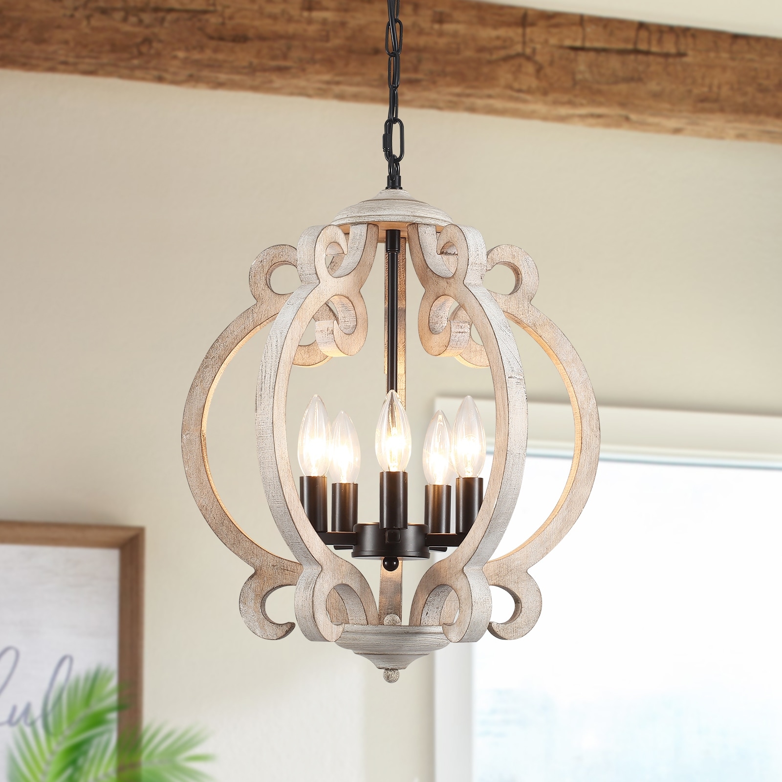 15.75“ 5-Light Rustic Pendant Light, Wood Ceiling Light Farmhouse Shabby Chic Chandelier, Classic Semi Flush Mount Chandelier