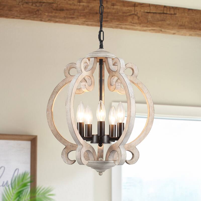 15.75“ 5-Light Rustic Pendant Light, Wood Ceiling Light Farmhouse Shabby Chic Chandelier, Classic Semi Flush Mount Chandelier
