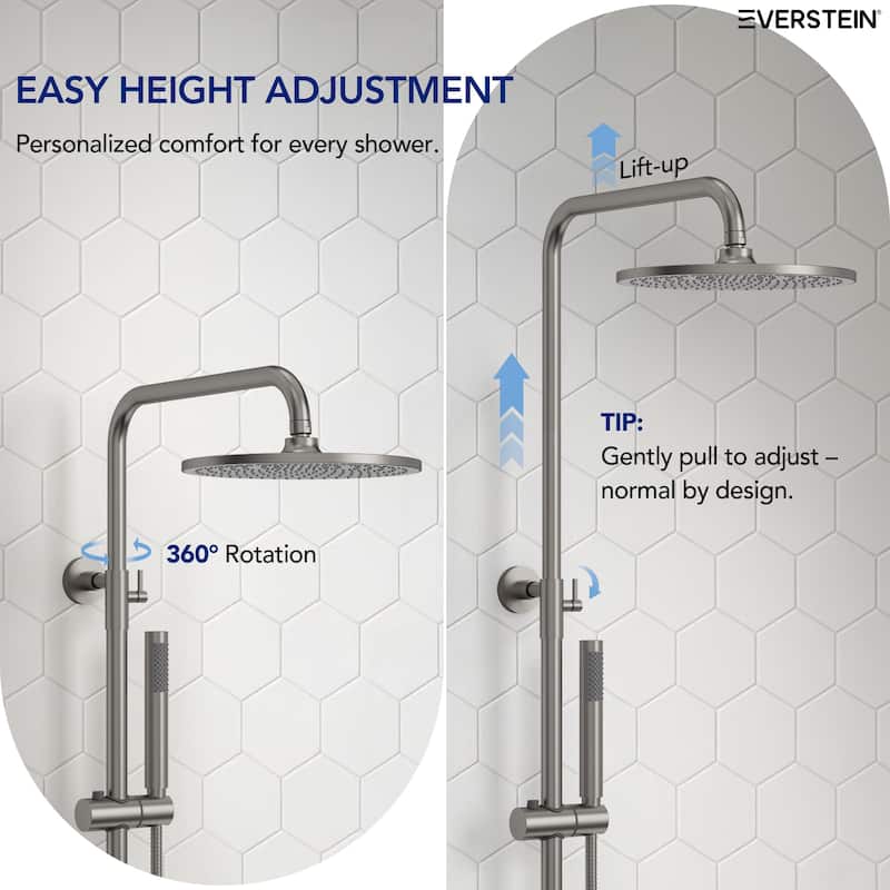 Height Adjustable Thermostatic Shower System with Tub Spout, 10" Rain Shower Head, Hand Shower, Brass Valve