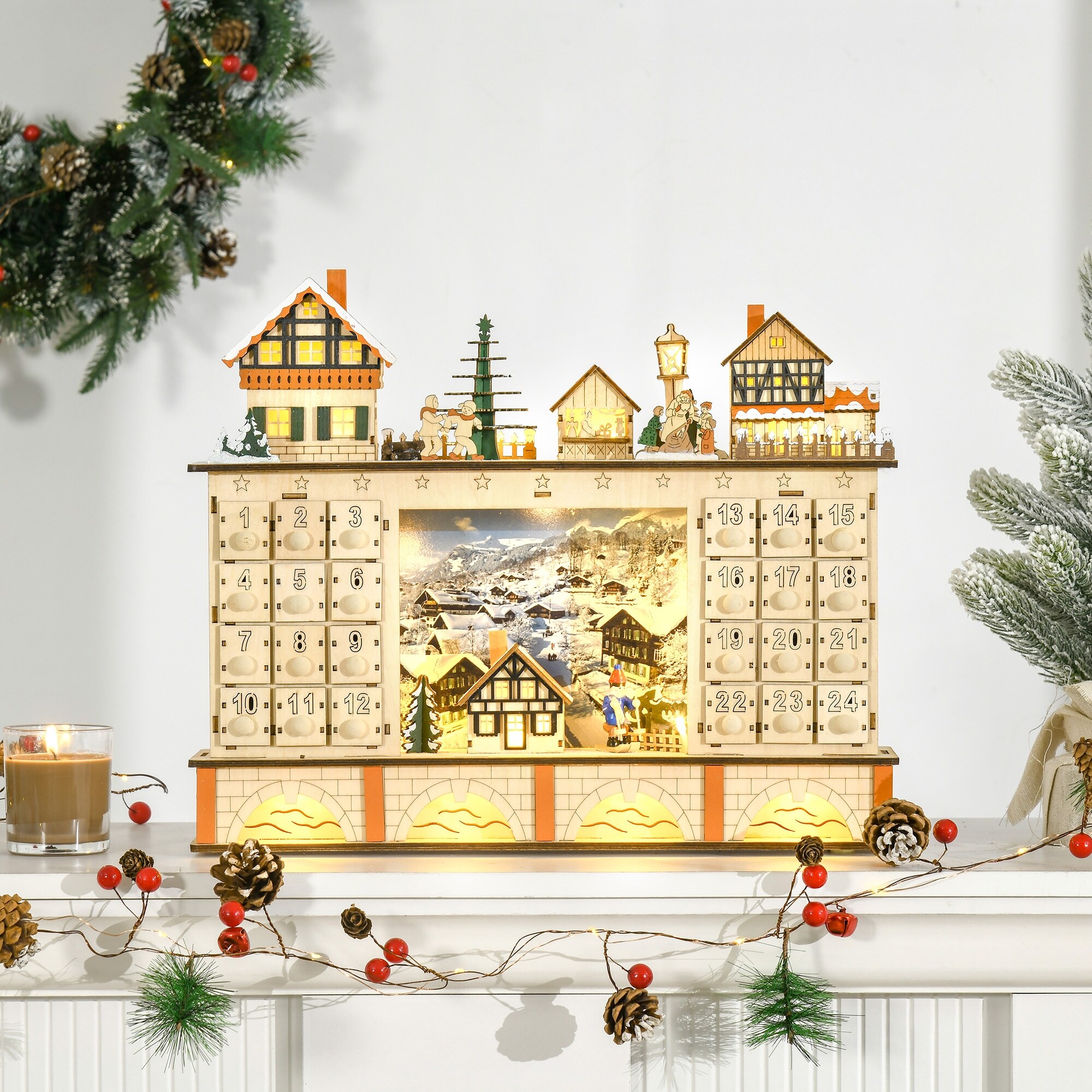 Wooden Christmas Advent Calendar Box Holiday Table Countdown Decor Ornament US 