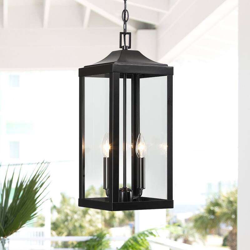 2-Light Black Large Transitional Outdoor Hanging Pendant Light with Clear Glass - 20 in. H