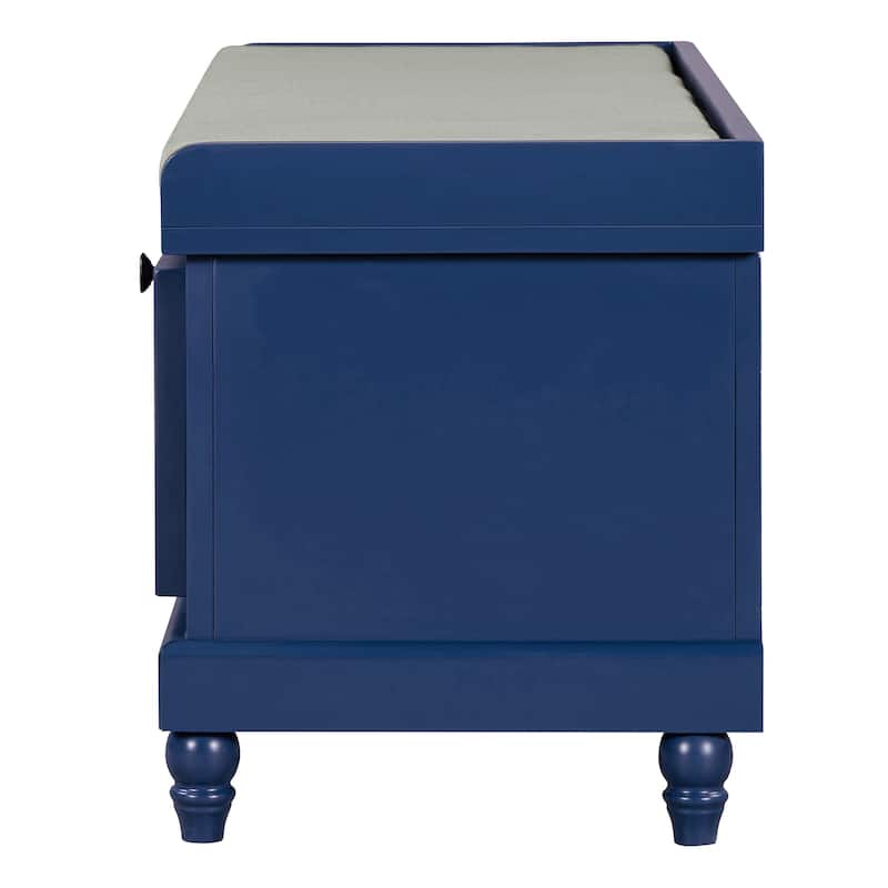 Roomfitters Classic Entryway Bench with Cushion, 3 Hidden Storage Spaces, Grooved Doors and Round Handles