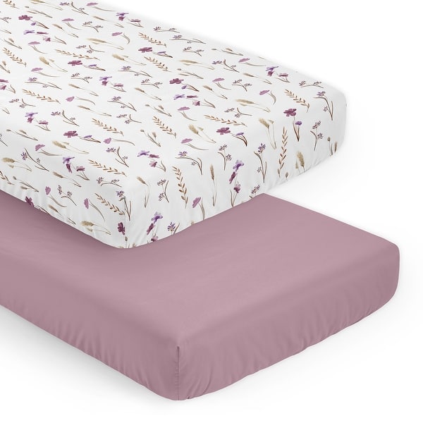 slide 2 of 6, Sweet Jojo Designs Boho Floral Garden Flower Girl 2 Pack Fitted Crib Sheets Solid Purple and Watercolor Bohemian Farmhouse Chic