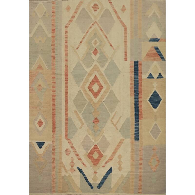Hand Woven Oriental 100% Wool Carpet Southwestern Tribal Beige & Ivories Kilim Area Rug - 6' 7'' X 5' 10''