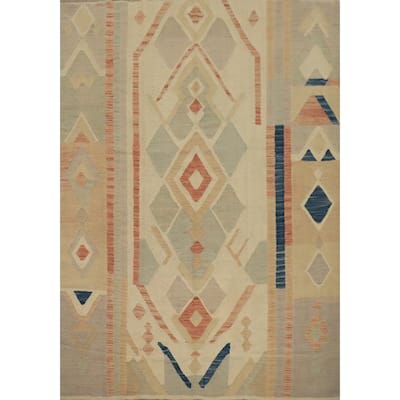Hand Woven Oriental 100% Wool Carpet Southwestern Tribal Beige & Ivories Kilim Area Rug - 6' 7'' X 5' 10''