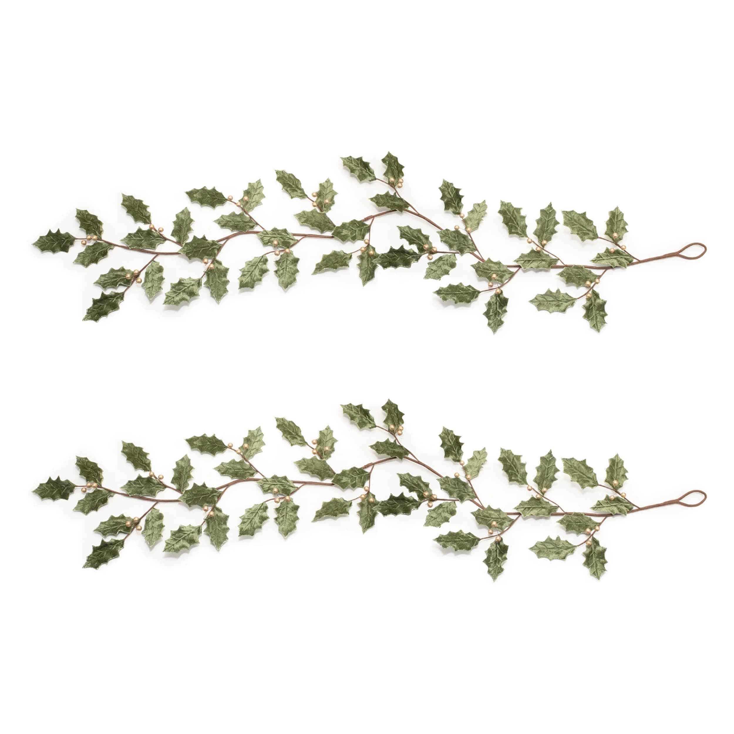 Glittered Holly Leaf Garland (Set of 2) - Green, Gold