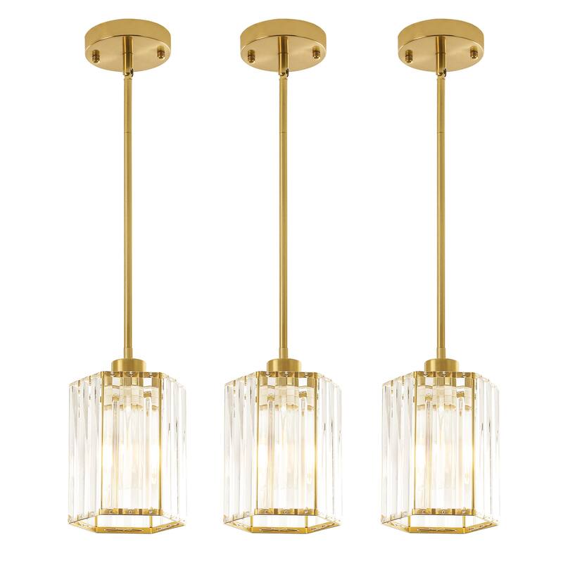1-Light Crystal Pendant Lighting Fixtures for Sloped Ceiling - Brushed Gold - 3 Pack