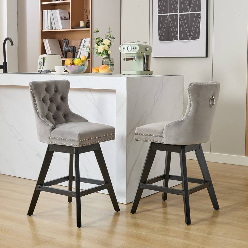 Swivel Bar Stools Set of 2, Velvet Counter Height Barstools with Wooden Legs, Kitchen Island Chairs with Button Backrest